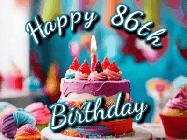 Happy Birthday Age 86 GIF, 86th Birthday GIF: Animated Happy Birthday Gif reading Happy Birthday Customize. Depicts a colorful birthday with flickering candles and glitter.