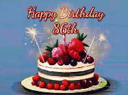 Happy Birthday Age 86 GIF, 86th Birthday GIF: Animated GIF of a birthday cake covered in berries with 2 sparklers and a candle, reads Happy Birthday Name. Customize it.