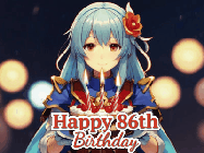 Happy Birthday Age 86 GIF, 86th Birthday GIF: Anime girl holding a birthday cake and an animated sword falls into it. Text reads Happy Birthday Customize