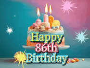 Happy Birthday Age 86 GIF, 86th Birthday GIF: A colorful animated Happy Birthday Cake GIF with swirling sparkles and flickering candles. It reads Happy Birthday Name