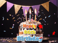 Happy Birthday Age 86 GIF, 86th Birthday GIF: Happy birthday cake animated gif with flickering candles, animated text, and falling confetti. Customize text reading Happy Birthday Customize.