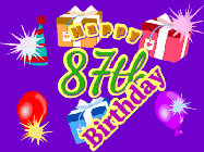 Happy Birthday Age 87 GIF, 87th Birthday GIF: Animated Birthday GIF with growing and shrinking background and sparklers and a customizable name that spins around.