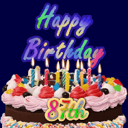 Happy Birthday Age 87 GIF, 87th Birthday GIF: A dark blue birthday gif with a beautiful cake with flickering candles, background sparkles and a name to customize.
