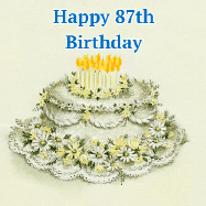 Happy Birthday Age 87 GIF, 87th Birthday GIF: A beautiful vintage birthday cake design with flickering candles atop and three lines of customized happy birthday text.