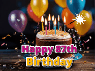 Happy Birthday Age 87 GIF, 87th Birthday GIF: A birthday cake with flickering candles gif with text reading Happy Birthday and a Name slot to customize
