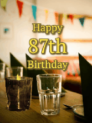 Happy Birthday Age 87 GIF, 87th Birthday GIF: Fancy birthday gif of a bar with a flickering candle, falling confetti, and peronalized text.