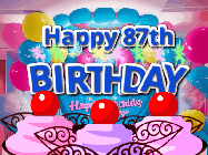 Happy Birthday Age 87 GIF, 87th Birthday GIF: Birthday animated gif with sparklers on text name you can customize. Brightly colored with a close up cake cherries.