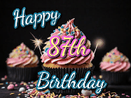 Happy Birthday Age 87 GIF, 87th Birthday GIF: A delicious cupcake gif with animated sparkles reading Happy Birthday with a name to customize