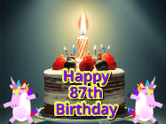 Happy Birthday Age 87 GIF, 87th Birthday GIF: An animated gif with 2 unicorns and a birthday candle on a cake.