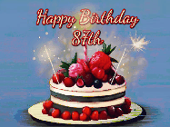 Happy Birthday Age 87 GIF, 87th Birthday GIF: Animated GIF of a birthday cake covered in berries with 2 sparklers and a candle, reads Happy Birthday Name. Customize it.