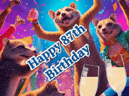 Happy Birthday Age 87 GIF, 87th Birthday GIF: Happy Birthday GIF depicting a mongoose party with animated fireworks, sparkles and champagne. Reads Happy Birthday Name. Customize it.
