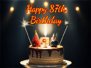 Happy Birthday Age 87 GIF, 87th Birthday GIF: Animated birthday cake gif with sparklers on a dark background. Personalize up to 3 lines of text.