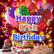 Happy Birthday Age 87 GIF, 87th Birthday GIF: Animated happy birthday gif on a bright red glittery background and 3 lines of text reading Happy Birthday Customize