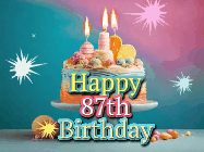 Happy Birthday Age 87 GIF, 87th Birthday GIF: A colorful animated Happy Birthday Cake GIF with swirling sparkles and flickering candles. It reads Happy Birthday Name