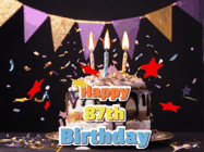 Happy Birthday Age 87 GIF, 87th Birthday GIF: Happy birthday cake animated gif with flickering candles, animated text, and falling confetti. Customize text reading Happy Birthday Customize.