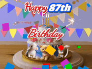 Happy Birthday Age 87 GIF, 87th Birthday GIF: Happy Birthday Cake GIF with a cat, lamb, and squirrel on the cake with flickering candles, a sparkler, and falling confetti. Reads Happy Birthday Name and you can customize the name