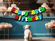 Happy Birthday Age 88 GIF, 88th Birthday GIF: Cute puppy animated birthday gif with dog watching the cake shop, then cake arrives and tail goes crazy! Customize it!
