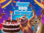 Happy Birthday Age 88 GIF, 88th Birthday GIF: A silly animated birthday gif, a chipmunk lights bady cake sparkler with laser beam eyes and starts a bright glitter party.