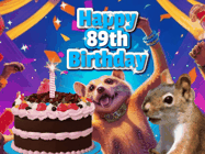 Happy Birthday Age 89 GIF, 89th Birthday GIF: A silly animated birthday gif, a chipmunk lights bady cake sparkler with laser beam eyes and starts a bright glitter party.