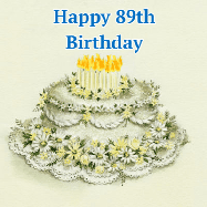 Happy Birthday Age 89 GIF, 89th Birthday GIF: A beautiful vintage birthday cake design with flickering candles atop and three lines of customized happy birthday text.