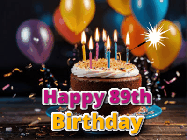 Happy Birthday Age 89 GIF, 89th Birthday GIF: A birthday cake with flickering candles gif with text reading Happy Birthday and a Name slot to customize