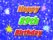 Happy Birthday Age 89 GIF, 89th Birthday GIF: A glitter birthday gif with a blue glitter background and animated text reading Happy Birthday Name