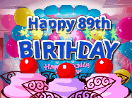 Happy Birthday Age 89 GIF, 89th Birthday GIF: Birthday animated gif with sparklers on text name you can customize. Brightly colored with a close up cake cherries.