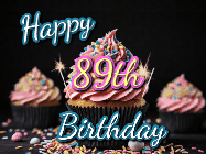 Happy Birthday Age 89 GIF, 89th Birthday GIF: A delicious cupcake gif with animated sparkles reading Happy Birthday with a name to customize