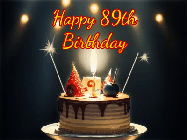 Happy Birthday Age 89 GIF, 89th Birthday GIF: Animated birthday cake gif with sparklers on a dark background. Personalize up to 3 lines of text.