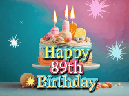 Happy Birthday Age 89 GIF, 89th Birthday GIF: A colorful animated Happy Birthday Cake GIF with swirling sparkles and flickering candles. It reads Happy Birthday Name