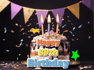 Happy Birthday Age 89 GIF, 89th Birthday GIF: Happy birthday cake animated gif with flickering candles, animated text, and falling confetti. Customize text reading Happy Birthday Customize.