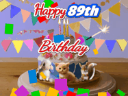 Happy Birthday Age 89 GIF, 89th Birthday GIF: Happy Birthday Cake GIF with a cat, lamb, and squirrel on the cake with flickering candles, a sparkler, and falling confetti. Reads Happy Birthday Name and you can customize the name