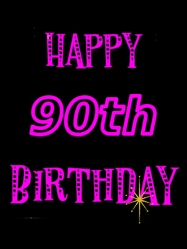 Happy Birthday Age 90 GIF, 90th Birthday GIF: Retro happy birthday GIF with 2 lines of text you can customize on a black background with animated twinkles.