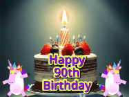 Happy Birthday Age 90 GIF, 90th Birthday GIF: An animated gif with 2 unicorns and a birthday candle on a cake.