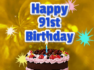 Happy Birthday Age 91 GIF, 91st Birthday GIF: A glitter and sparkle happy birthday gif with swelling sparkles, a birthday cake, and 3 lines of text to customize