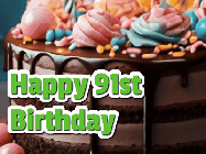 Happy Birthday Age 91 GIF, 91st Birthday GIF: A beautiful and elegant birthday cake gif with pink text to customize and animated flowers.