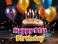 Happy Birthday Age 91 GIF, 91st Birthday GIF: A birthday cake with flickering candles gif with text reading Happy Birthday and a Name slot to customize
