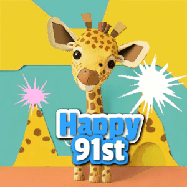 Happy Birthday Age 91 GIF, 91st Birthday GIF: Cute giraffee birthday gif depicting a paper cutout bobbing giraffe head and birthday text you can customize with sparklers.