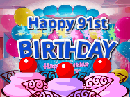 Happy Birthday Age 91 GIF, 91st Birthday GIF: Birthday animated gif with sparklers on text name you can customize. Brightly colored with a close up cake cherries.