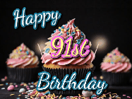 Happy Birthday Age 91 GIF, 91st Birthday GIF: A delicious cupcake gif with animated sparkles reading Happy Birthday with a name to customize