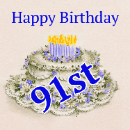 Happy Birthday Age 91 GIF, 91st Birthday GIF: A beautiful animated birthday gif with a vintage style cake drawing and animated candle flames. Customize the name and text.