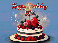 Happy Birthday Age 91 GIF, 91st Birthday GIF: Animated GIF of a birthday cake covered in berries with 2 sparklers and a candle, reads Happy Birthday Name. Customize it.