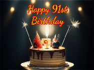 Happy Birthday Age 91 GIF, 91st Birthday GIF: Animated birthday cake gif with sparklers on a dark background. Personalize up to 3 lines of text.