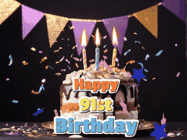 Happy Birthday Age 91 GIF, 91st Birthday GIF: Happy birthday cake animated gif with flickering candles, animated text, and falling confetti. Customize text reading Happy Birthday Customize.