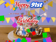Happy Birthday Age 91 GIF, 91st Birthday GIF: Happy Birthday Cake GIF with a cat, lamb, and squirrel on the cake with flickering candles, a sparkler, and falling confetti. Reads Happy Birthday Name and you can customize the name