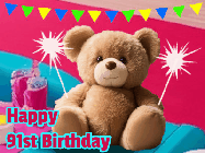 Happy Birthday Age 91 GIF, 91st Birthday GIF: A cute birthday teddy bear animated birthday gif with the bear holding sparklers and text to customize.