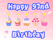 Happy Birthday Age 92 GIF, 92nd Birthday GIF: Pink animated birthday gif with 5 cupcakes and candles and animated text you can customize with name.