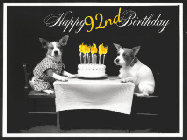 Happy Birthday Age 92 GIF, 92nd Birthday GIF: Vintage animated birthday card gif with name, flickering candles, birthday cake, and 2 dogs sitting at the table.
