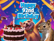 Happy Birthday Age 92 GIF, 92nd Birthday GIF: A silly animated birthday gif, a chipmunk lights bady cake sparkler with laser beam eyes and starts a bright glitter party.