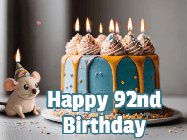 Happy Birthday Age 92 GIF, 92nd Birthday GIF: Super cute birthday gif with name and little mouse in a party hat, a birthday cake with flickering candles. Customize text.